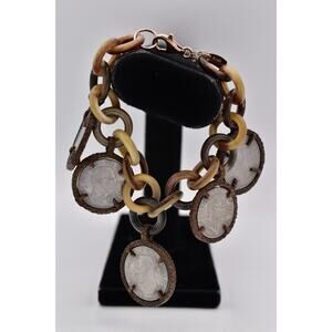 Amle Vintage Coin Charm Bracelet Lucire Chain Chunky Antiqued Rustic Signed BinO